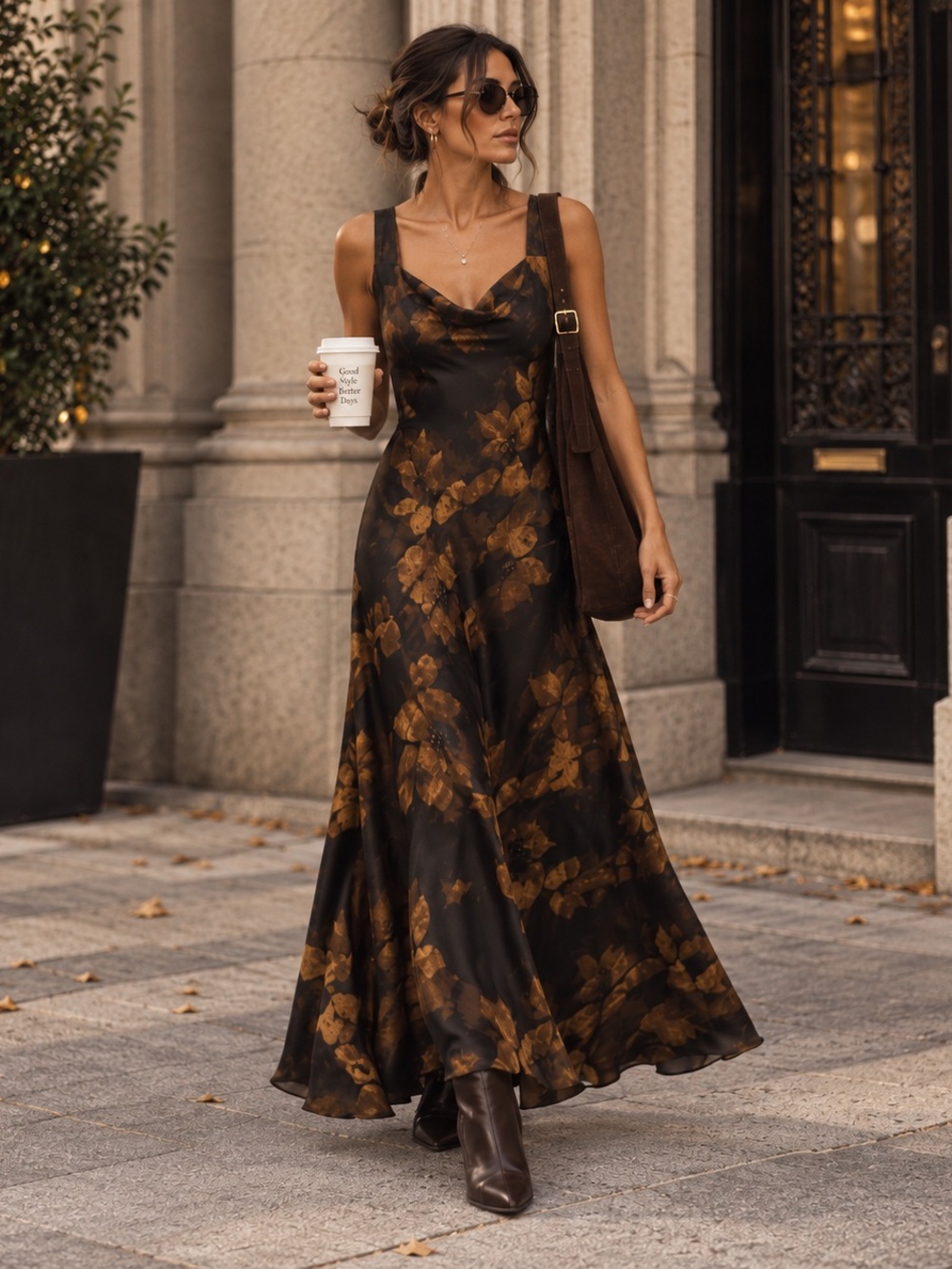Showpo Brown Black Floral Cowl Neck Maxi Dress Size US 12